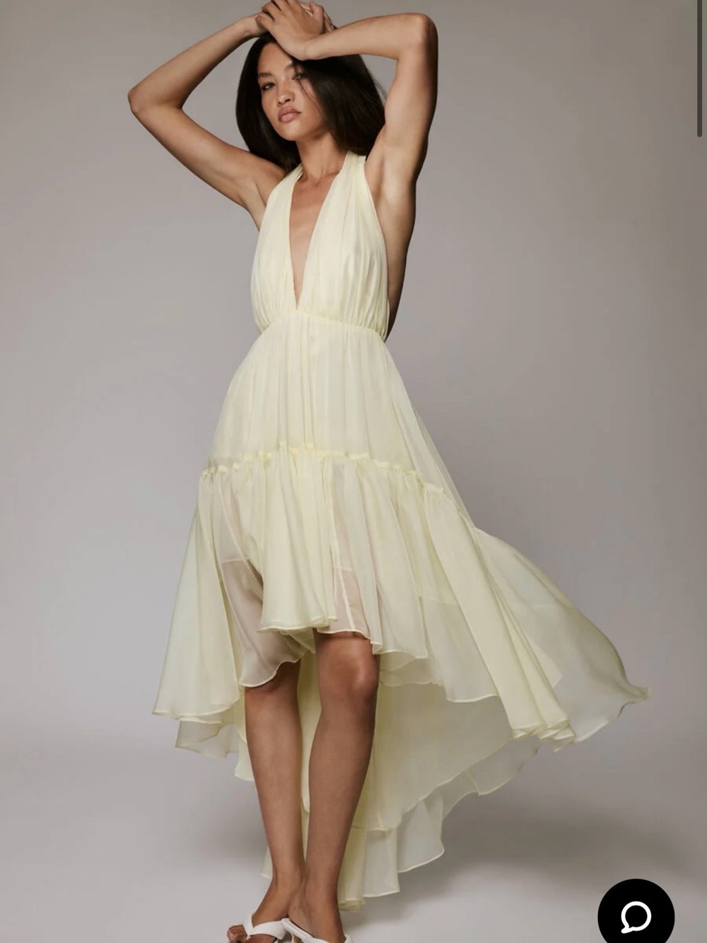 Bardot Plunge Halter High-Low Chiffon Dress in Pale Yellow US 2